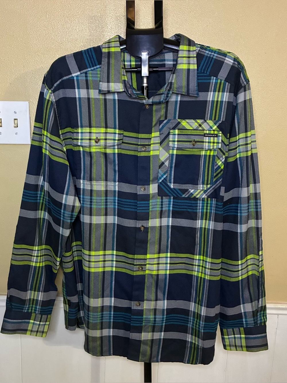 Oakley Navy, Lime & Gray Plaid Button-Down Shirt